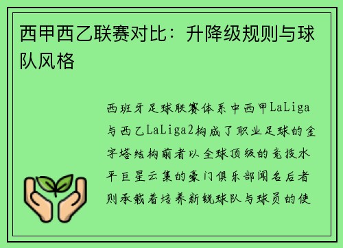 西甲西乙联赛对比：升降级规则与球队风格