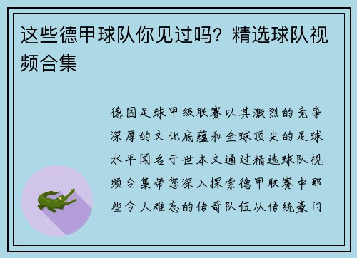 这些德甲球队你见过吗？精选球队视频合集