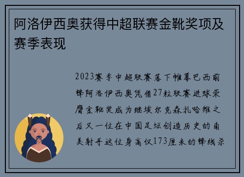 阿洛伊西奥获得中超联赛金靴奖项及赛季表现