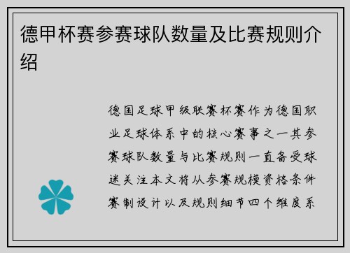 德甲杯赛参赛球队数量及比赛规则介绍